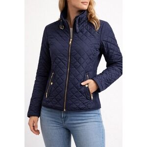 Beta House Womens Quilted Jacket Navy Blue Sherpa Lined Gold Zip LN0016J Large